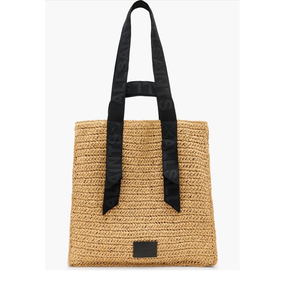 AllSaints Allington Woven Straw Tote Bag Natural Black Logo Strap Shoulder Bag
